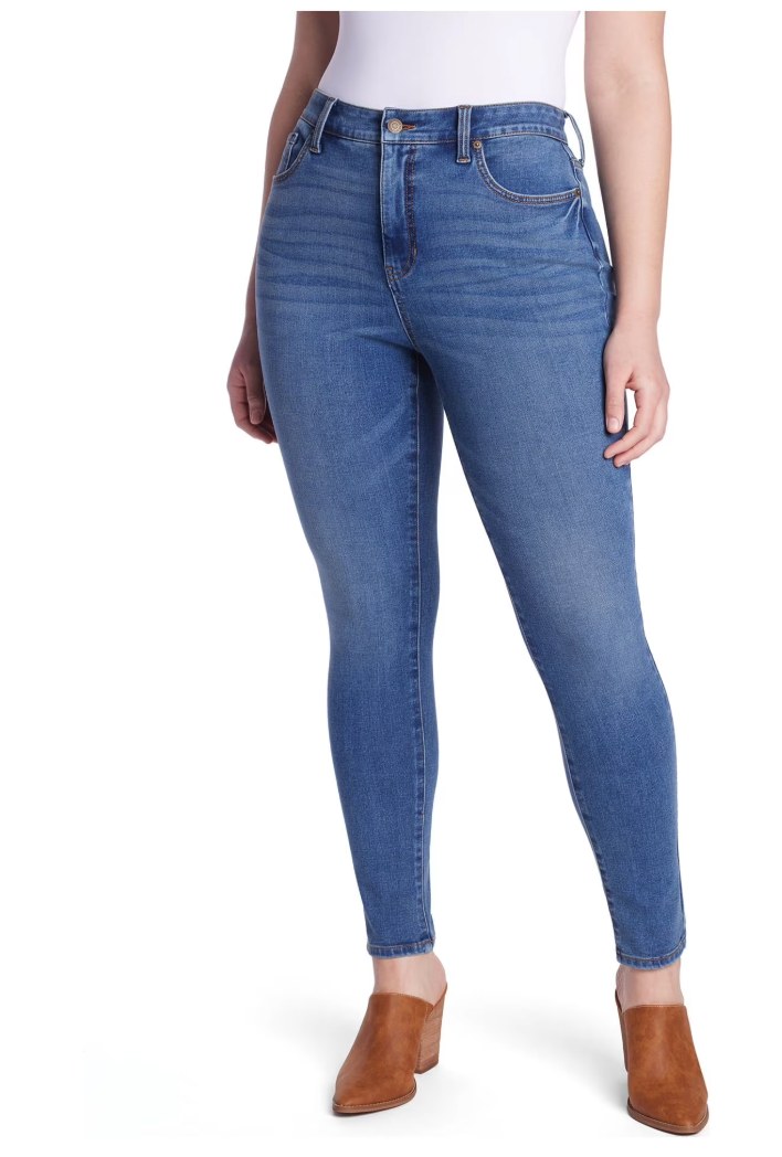 Flat lay of Time and Tru Jeans denim styles in light and medium washes, including skinny and mom jean silhouettes